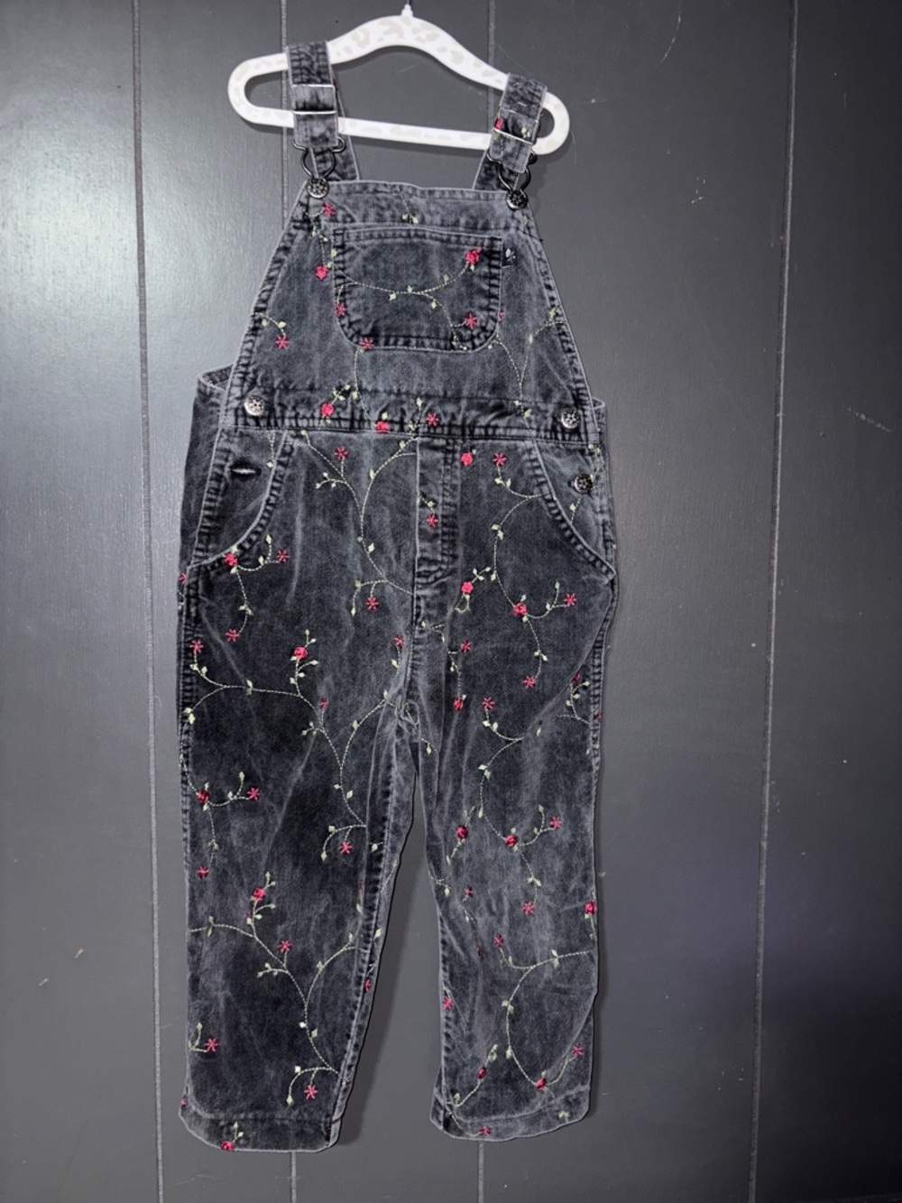 McDonald's Kids Black Denim Toddler Overalls with Pink & Green Embroidery